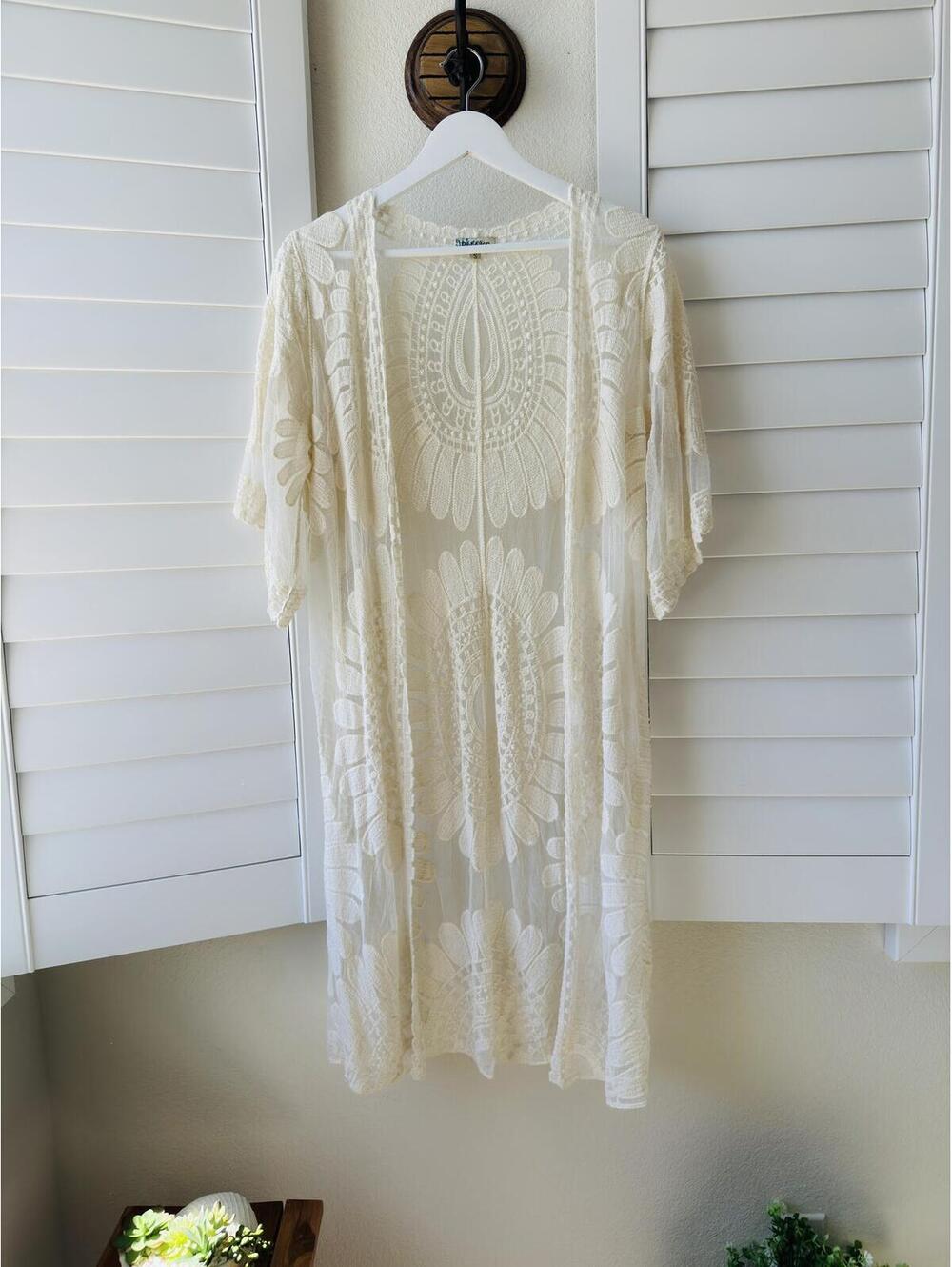 Rebellion Again Cream Embroidered Lace Long Cardigan - Size S